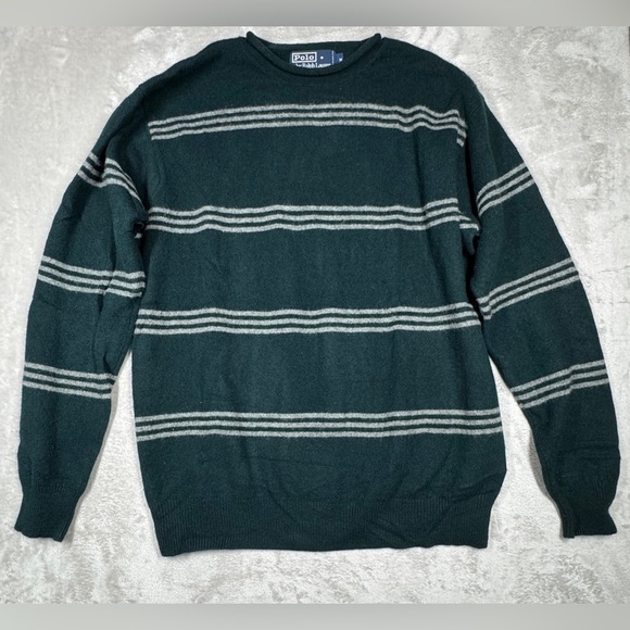 Vintage Polo Ralph Lauren Outlet Men’s Lambswool Green Grey Striped Sweater M